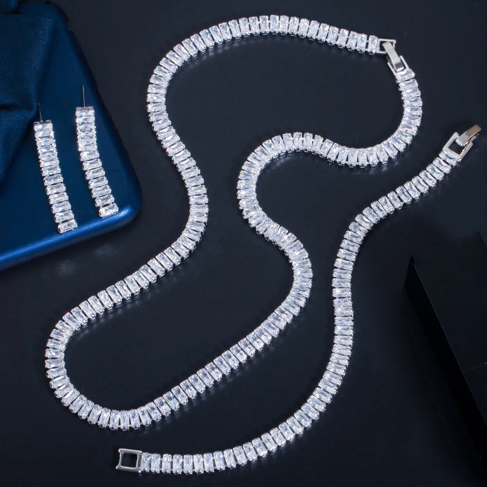 Flash Quality Cubic Zircon Iced Out CZ Chain Bridal Wedding Tennis Jewelry Luxury Women 3 Piece Set Earrings Bracelet Necklace