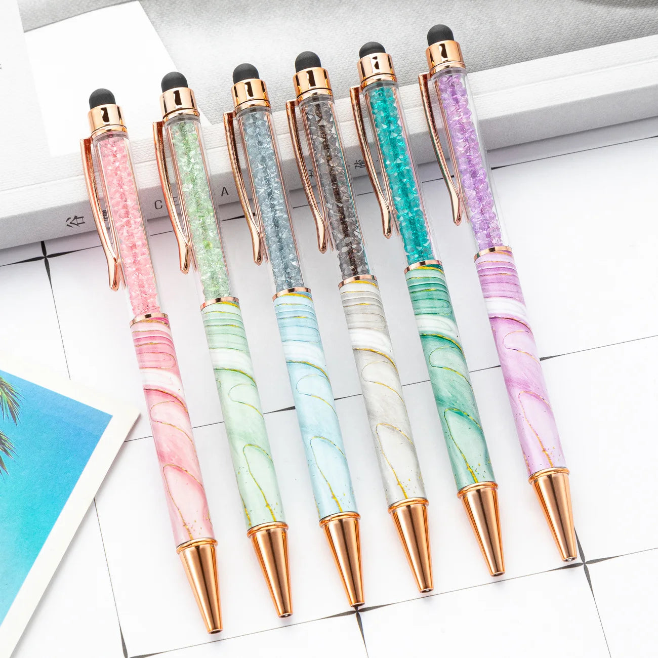 Creative Marble Pattern Ballpoint Pen Smooth Writing 2 in 1 Touch Screens Crystal Metal Pen for Office School Supplies Gift