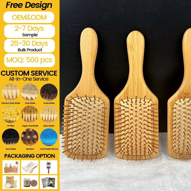 Wholesale Portable Natural Bamboo Scalp Hair Cleaning Brush Pandle Hair Brush Air Cushion Massage Comb Custom for Salon Beauty