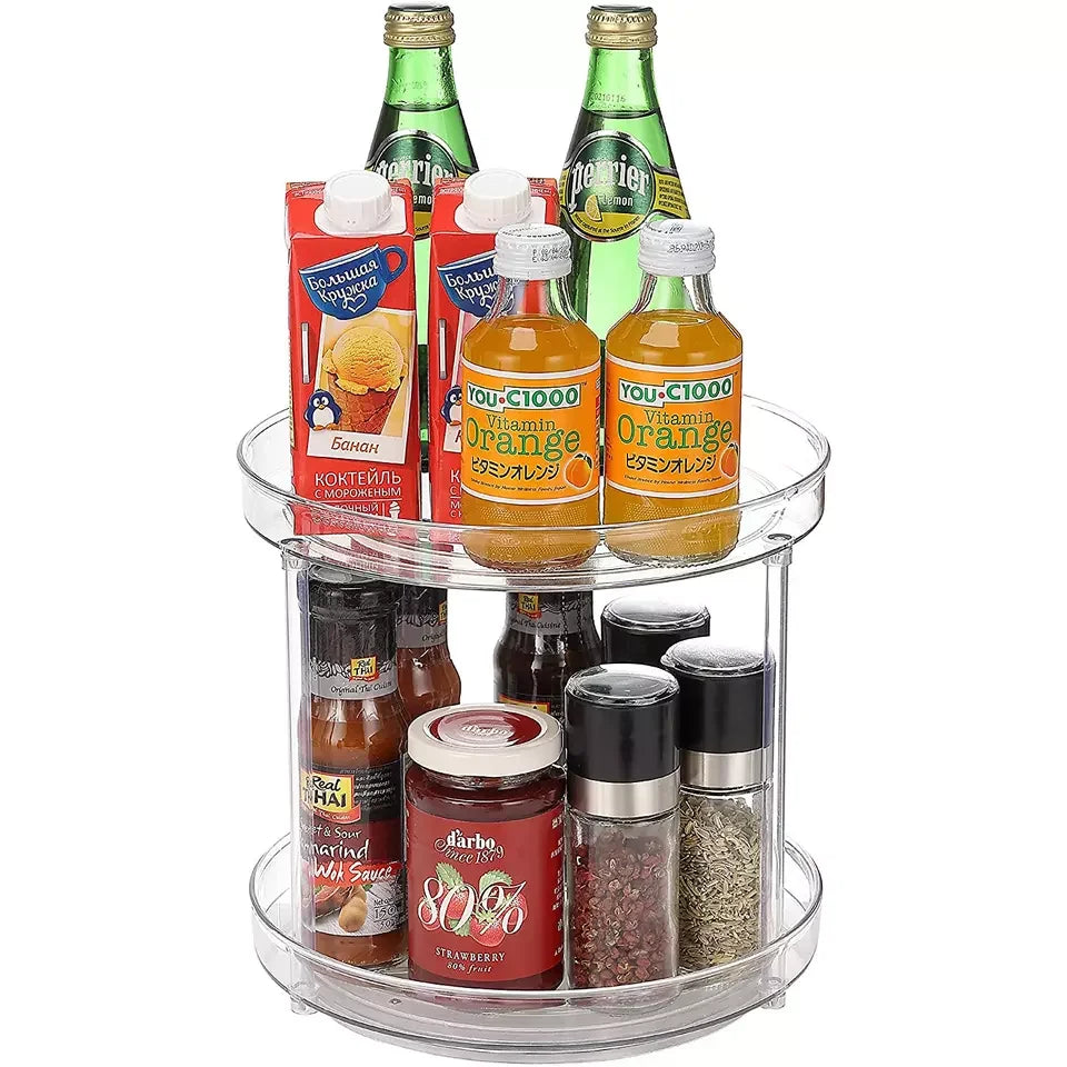 Modern 2024 New Lazy Susan Bearing 2-Tier 2024 Turntable Kitchen Organizer Anti-Skid Spice Rack Compartment with Rotating Tray