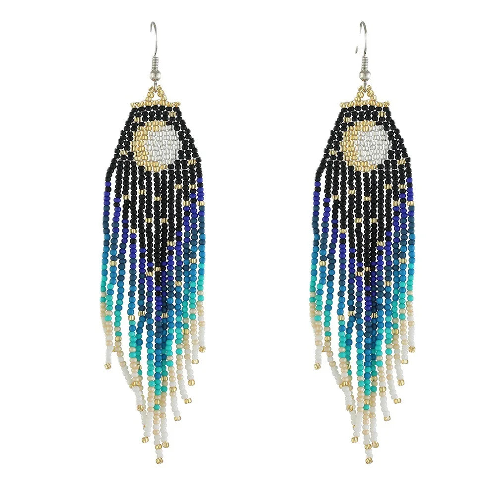 Wholesale Handmade Long Glass Seed Rice Beads Beaded Fringe Moon and Star Charms Earrings Women Jewelry Earring