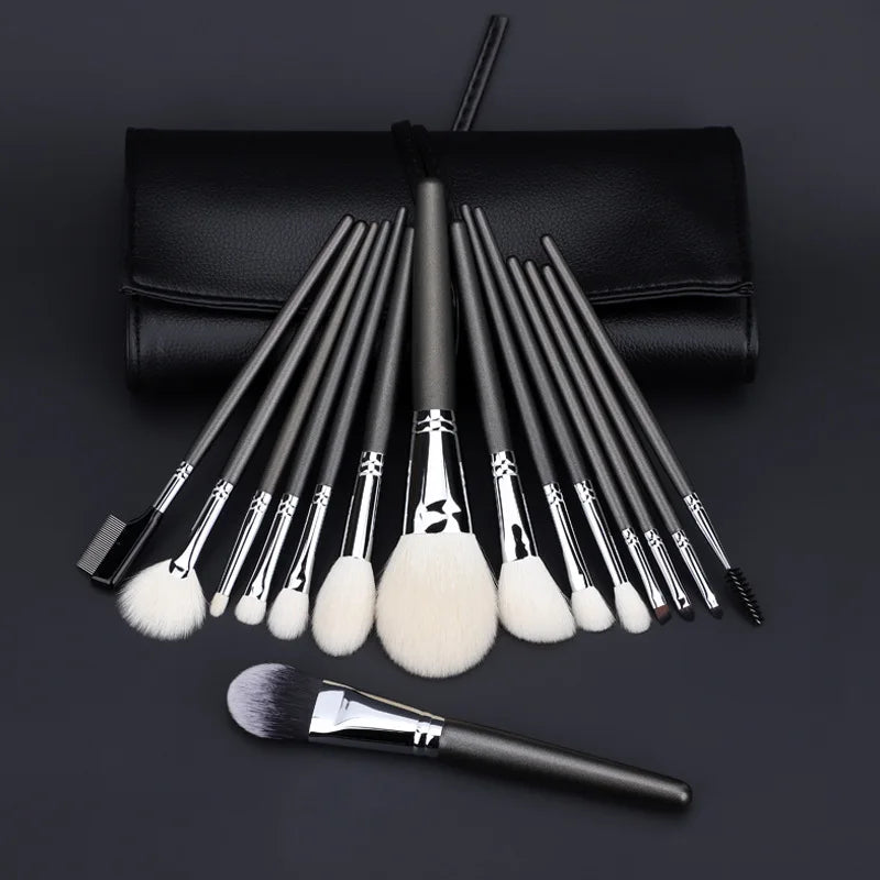 Wholesale 15 Pieces Silver Wooden Handle Goat Hair Makeup Brush Sets with PU Box Packaging for Face Use Custom Branding
