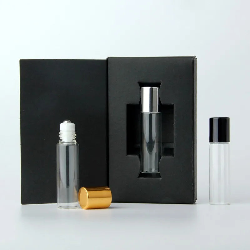 Luxury 5ml Mini Transparent Essential Oil Glass Roll on Bottle Empty Perfume Roller Bottle with White and Black Box