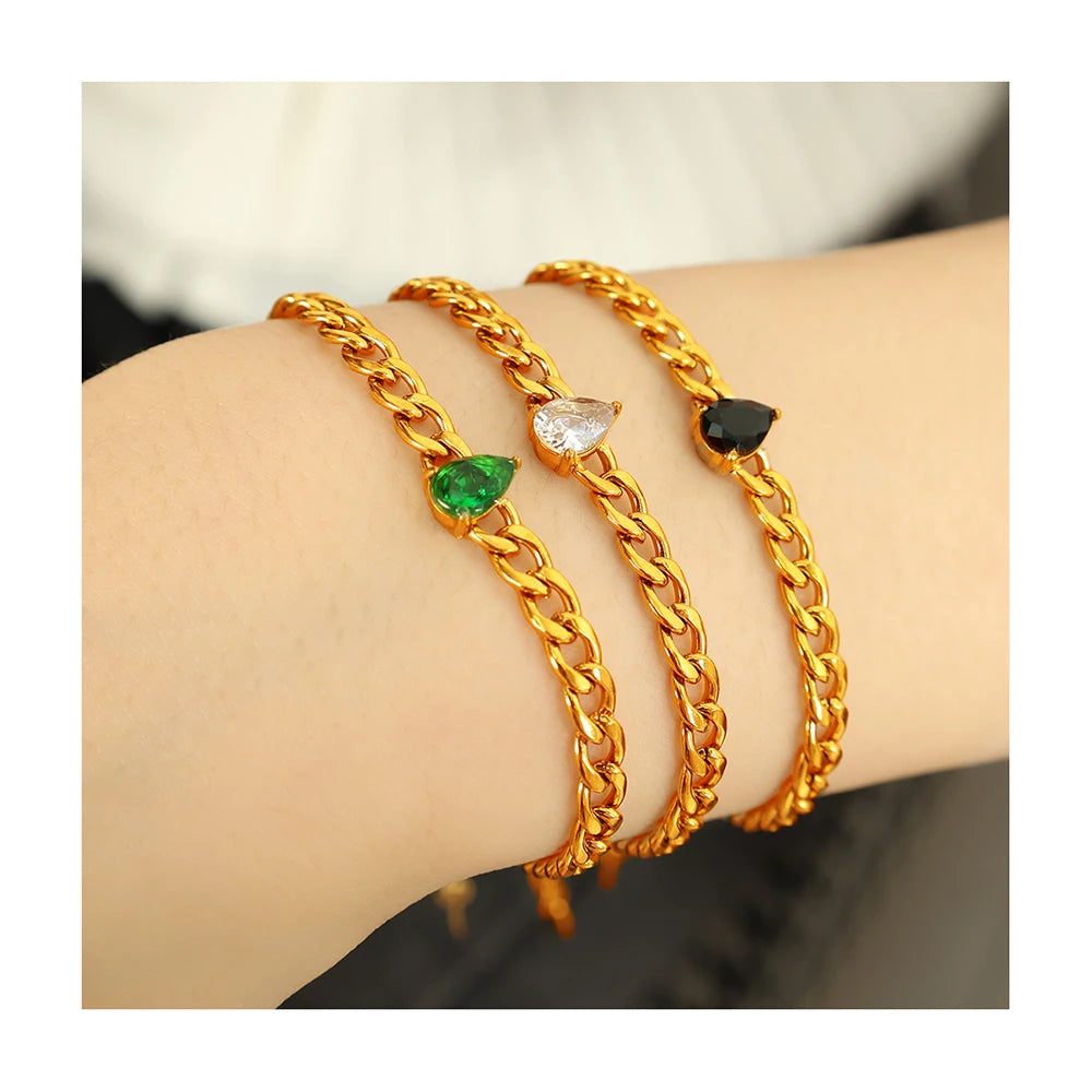 Anti Tarnish 18K Gold Plated Jewelry Waterproof Women Bracelet Stainless Steel Green Zirconia Charm Chain Bracelets