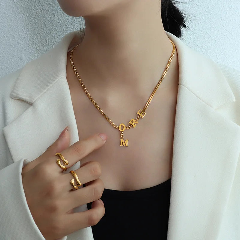 Best MOQ 6 Pcs Letter Initials Pendant  Logo Women Gift Custom Jewelry Set 18K Gold Plated Stainless Steel Necklace Ring