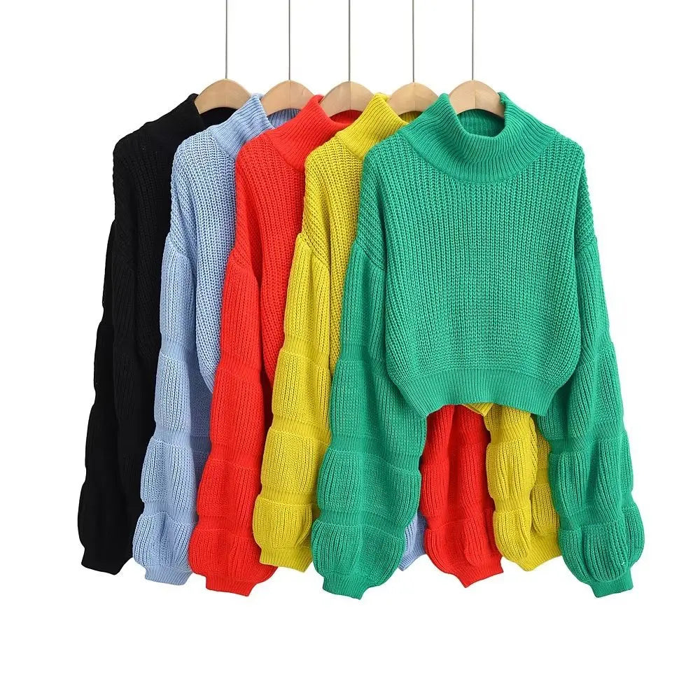 Spring New in Stock Free Size High Neck Solic Color Long Sleeve Sweater Tops for Women