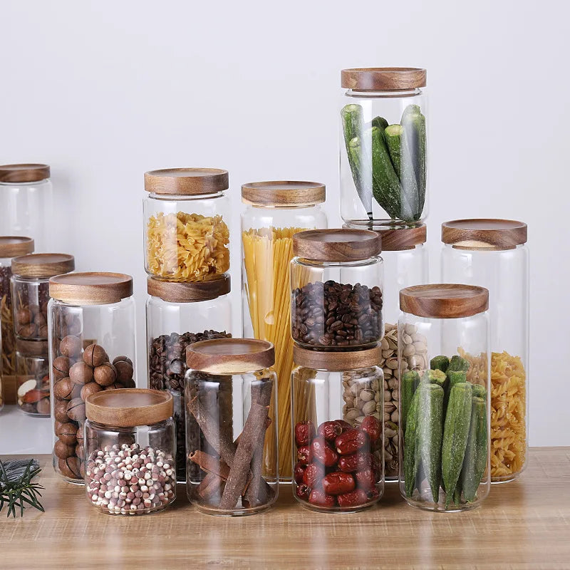 500ml 800ml 1200ml Customized Airtight Acacia Wooden Lids Handmade Kitchen Glass Freezer Safe Food Storage Canister Modern