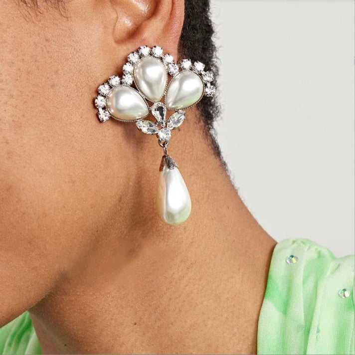 Luxury Round Diamond Big Pearl Bow Drop Earrings Necklace Set Statement Women Large Rhinestone Hoop Earrings Jewelry