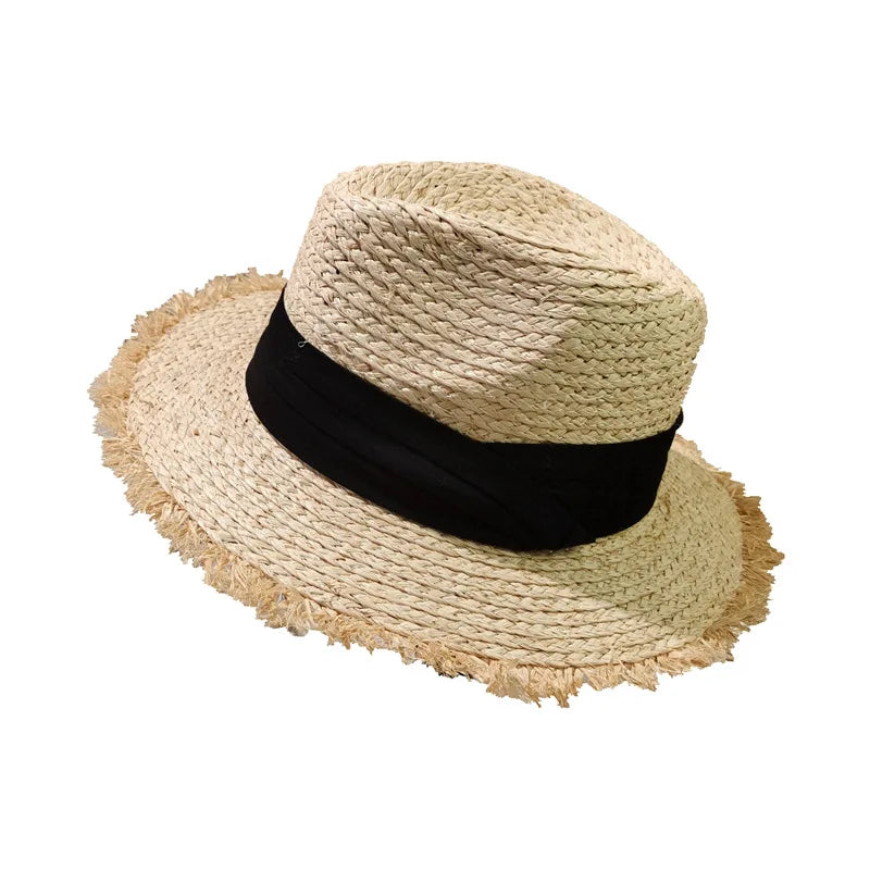 fashion women raffia straw fringe wide brim panama hat UV protection sun beach jazz straw panama hat