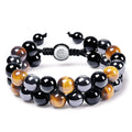 Triple Protection Bracelet Adjustable Stone Bead Bracelet 10MM Hematite Tiger Eye Yoga Bracelets for Men