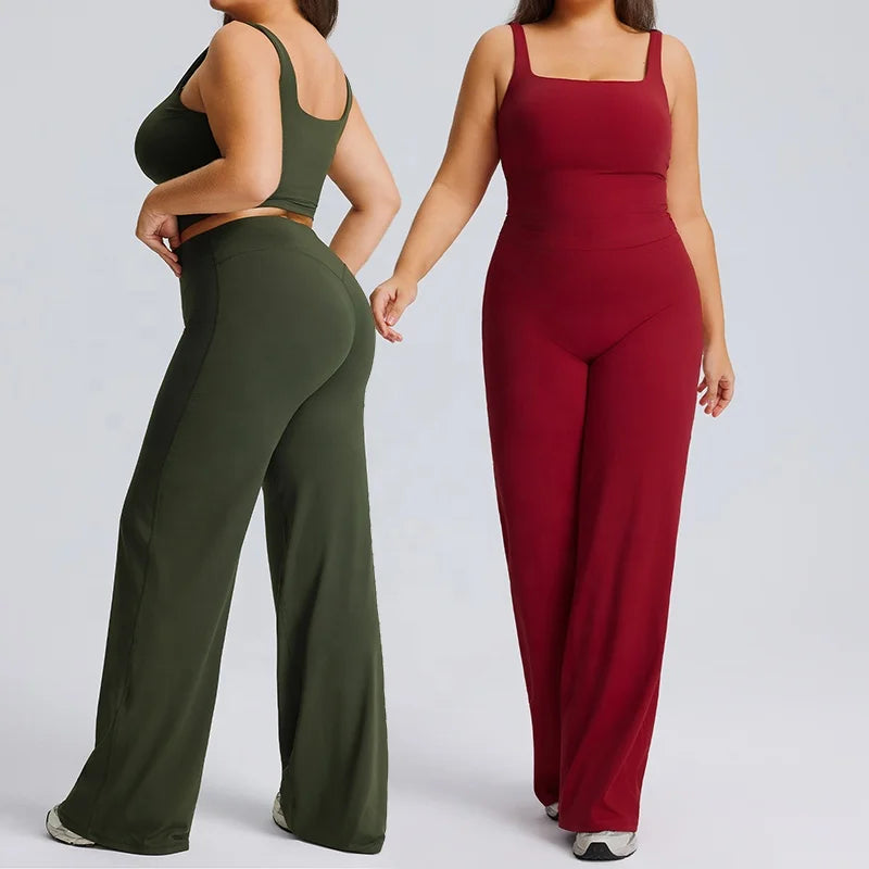 2026 Wholesale Big Size XXXL Women Yoga Sets Square Neck Sports Cropped Tank Top Straight Wide Leg Flared Pants Workout Sets