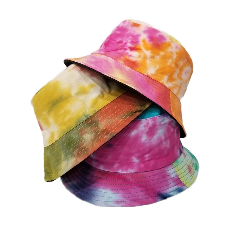 Womens Mens Cotton Colorful Double Side Custom Tie Dye Reversible Printing Rainbow Bucket Hat
