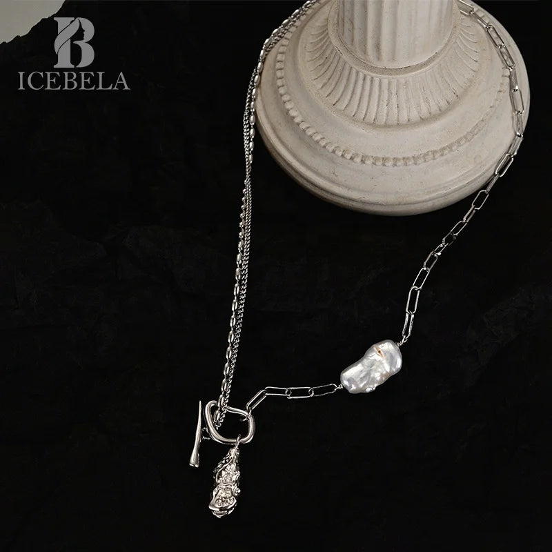 ICEBELA 925 Sterling Silver Chunky Snake Chain Icebella Fine Jewelry Gothic Baroque Pearl Retro Necklaces for Women