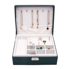 Luxurious Double Layer Leather Storage Box for Rings Pendants Bracelets Earrings above and below Jewelry Organizer