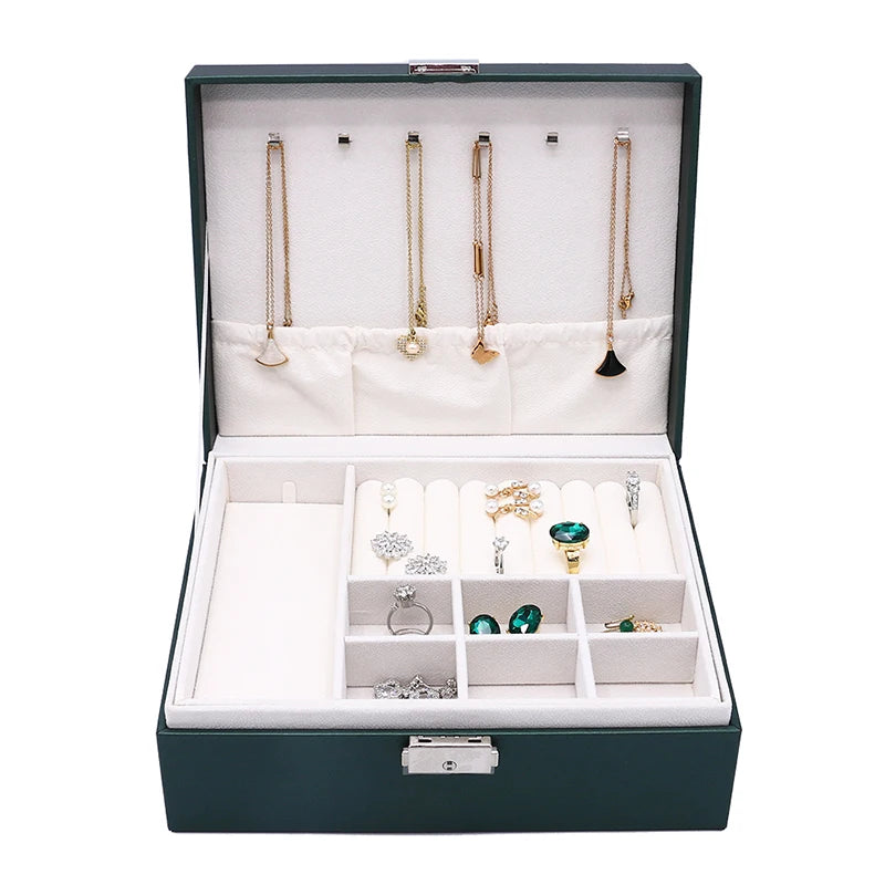 Luxurious Double Layer Leather Storage Box for Rings Pendants Bracelets Earrings above and below Jewelry Organizer