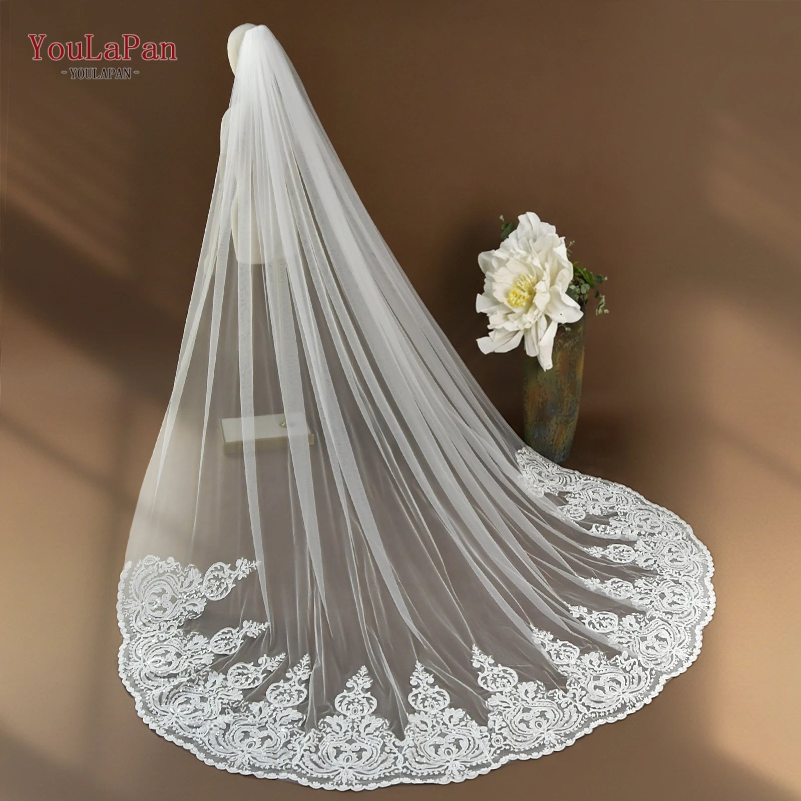 YouLaPan V161 Classic Embroidered Lace Sequined Veil Single Layer Cathedral Wedding Long Bridal Veil with Hair Comb
