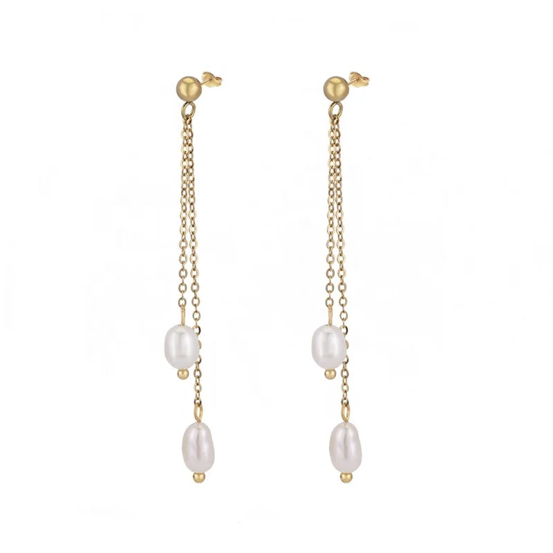 Classic Simple Design Fashion Versatile Jewelry Luxury Stainless Steel 18K Gold  Freshwater Pearl Tassel Earrings for Women
