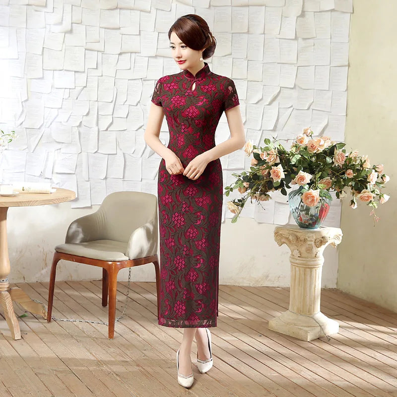 Slim Evening Etiquette Wholesale New Red Lace Long Cheongsam Toasts Dress