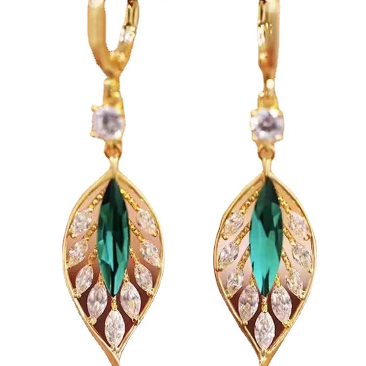 AA00753 New Arrival Green Leaf Earrings Fine Jewelry Earrings Women Rhinestone Earrings