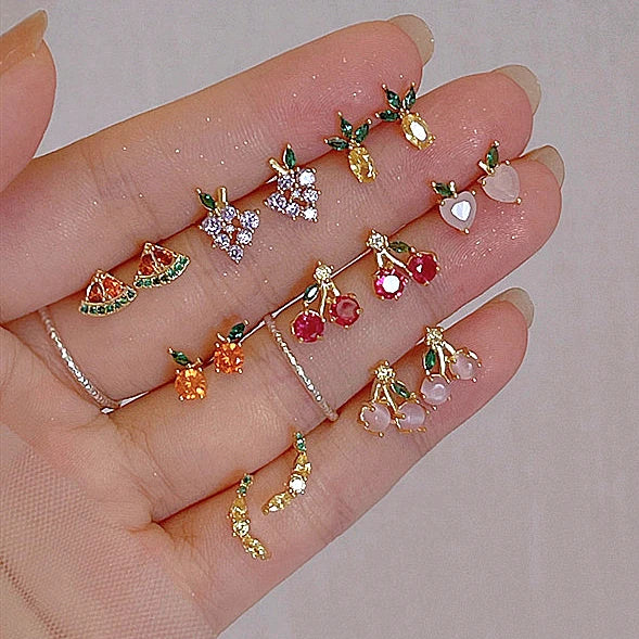 Spring Summer Delicate Zircon Accessories Strawberry Grape Cherry Earrings Cute Small Fruit Earrings for Women Girls