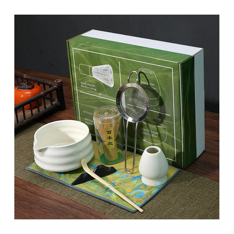 7Pcs Matcha Gift Set Packaging Japanese Bamboo Whisk Ceramic Bowl Matcha Whisk and Holder Kit Set for Ceremony