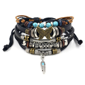 New Arrival Popular Beaded Turquoise Braided Bracelet Elegant Eye Flower Butterfly Bracelet Multi-layer Leather Bracelet Men