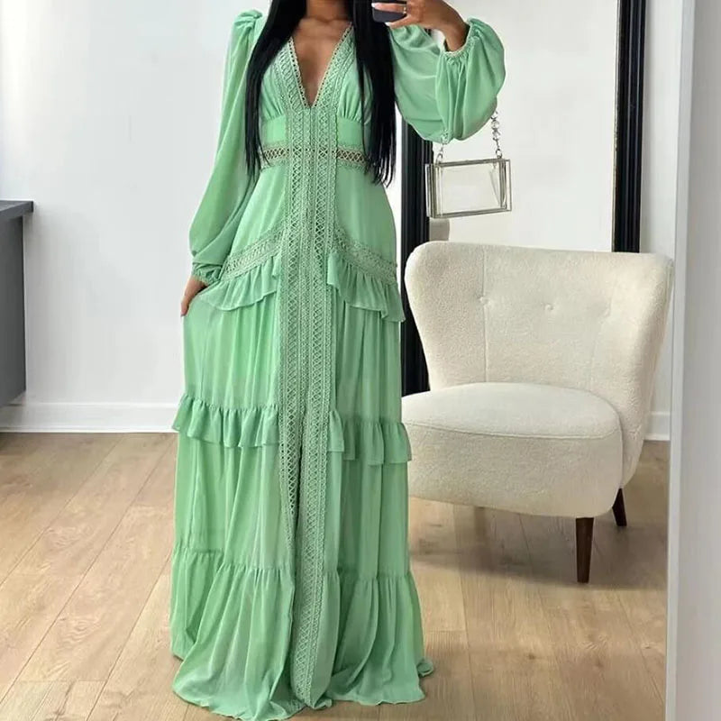 RNSHANGER Chic Women Casual Hollow Out Midi Dress Long Sleeve Vintage Ruffle Party Birthday Clothes Female Solid Color Dress