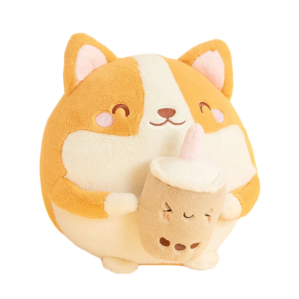 Cute Wholesale Boba Dog Plush Pillow Toy Soft Stuffed Animal with Bubble Boba and Milk Tea PP Cotton Filling