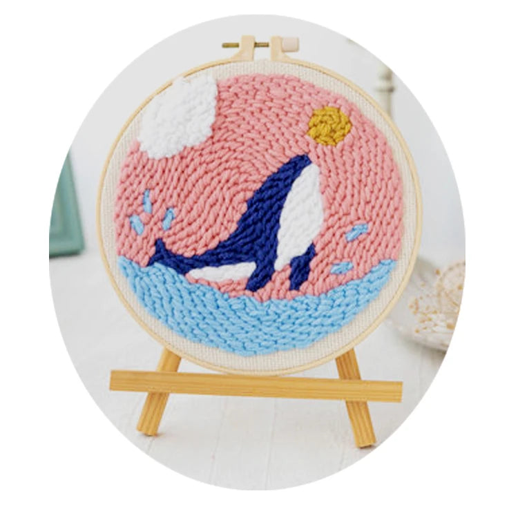 Custom Popular Diy Handmade Craft Kit Stamped Embroidery Starter Kits Whale Punch Needle Art Kit With Hoop