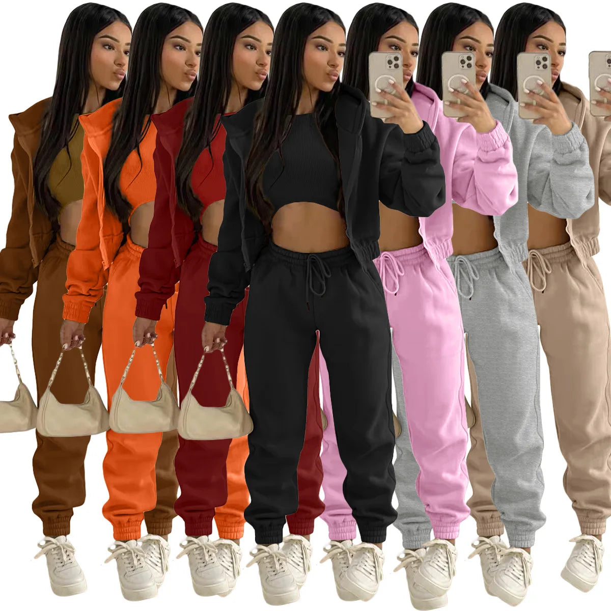 Ladies Active Wear Sets Three Piece Sets tank Top Sweatpants Matching Jackets Tracksuits Sets Hoodies Long Sweatpants Spring