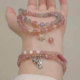Wholesale Natural Healing Flower Charm Stretch Bead Sweet Strawberry Quartz Bracelet for Friendship Gift