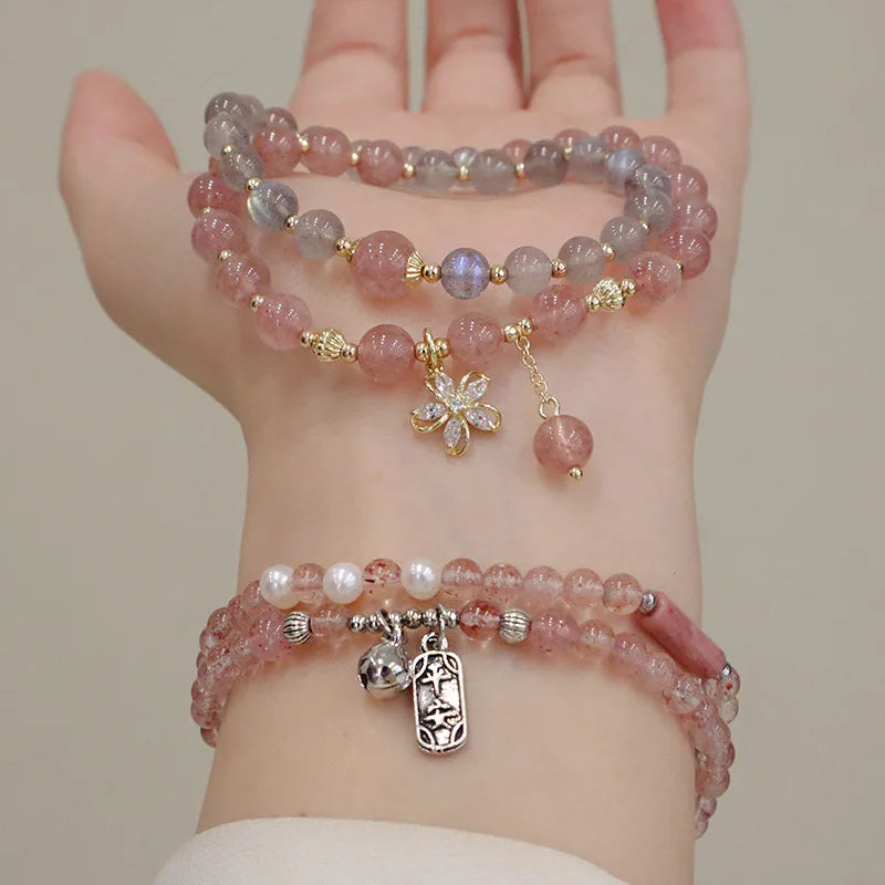 Wholesale Natural Healing Flower Charm Stretch Bead Sweet Strawberry Quartz Bracelet for Friendship Gift