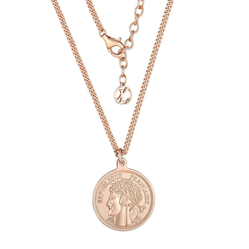 925 Sterling Silver French Republic Coin Necklace Rose Gold Plated Engraved Pendant K Letter Charm Women's Fashion Jewelry