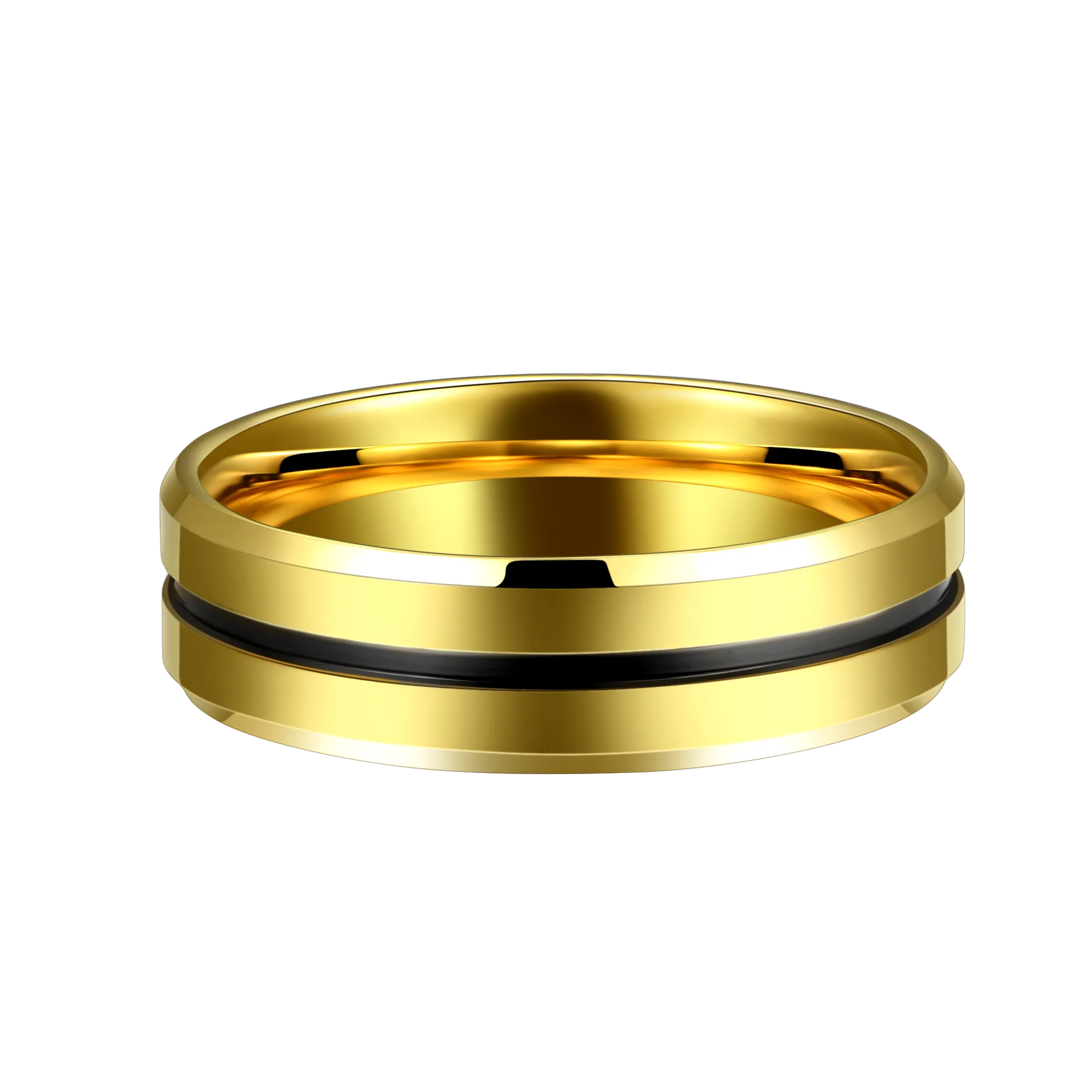 Fast Shipping High Polished 6MM Beveled Edge Black Line Gold Tungsten Ring Men Wedding Band Rings Fine Jewelry
