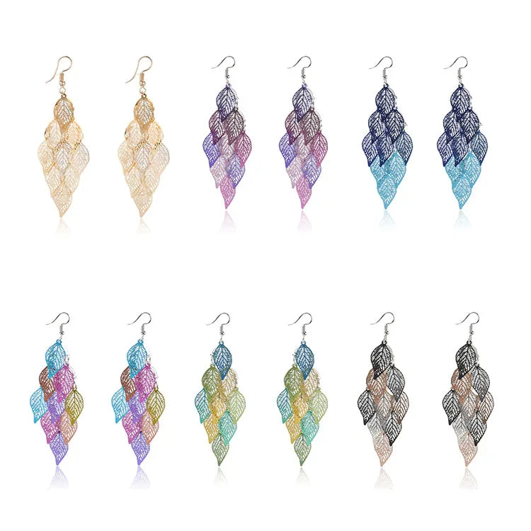 SC Creative Colorful Leaves Dangle Earrings Hollow Feather Shape Hook Earrings Multicolor Lightweight Leaf Drop Earrings