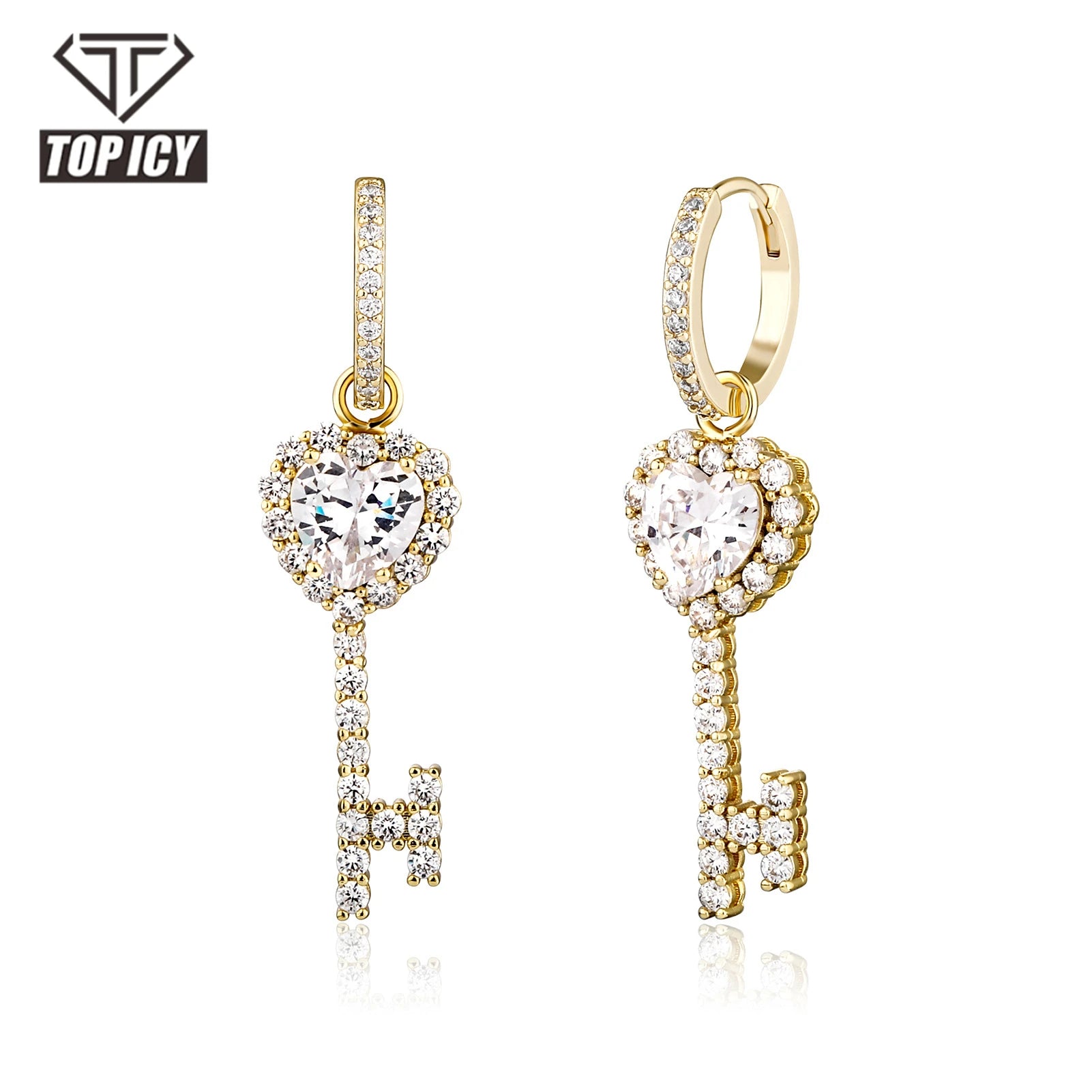 Top Icy Hip Hop Jewelry AAA CZ 18K Gold Plating  Heart Diamond Key Earring Iced Out Stud  for Women