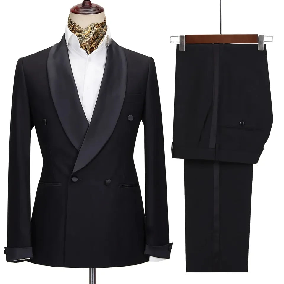 Tailored Made Black Men Suits 2 Pieces Satin Lapel Tuxedo Double Breasted Wedding Party Costume Homme Groom Boutuque Men Dress
