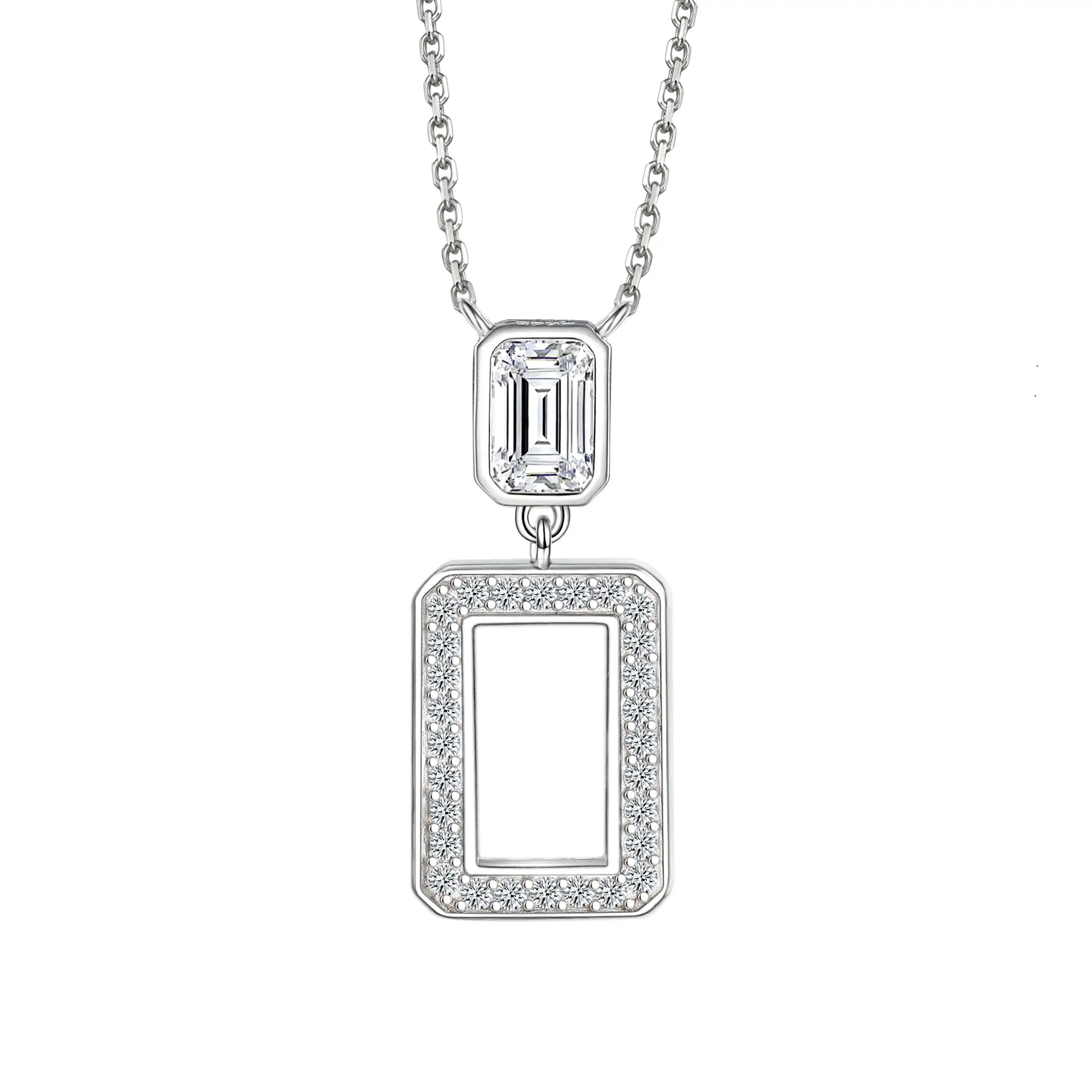 925 Sterling Silver Geometric Women Jewelry Cubic Zirconia CZ Rectangle Pendant Necklace