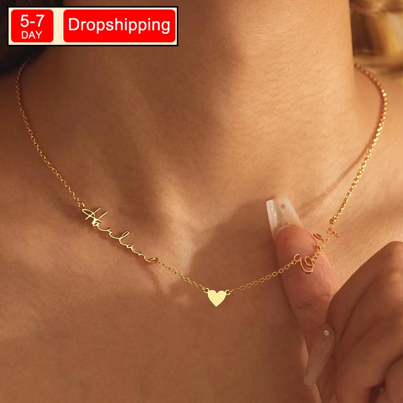 New North Custom Name Necklace Stainless Steel Jewelry Mom Gift Customized Dainty 2 Name Heart Pendant Couple Necklace for Women