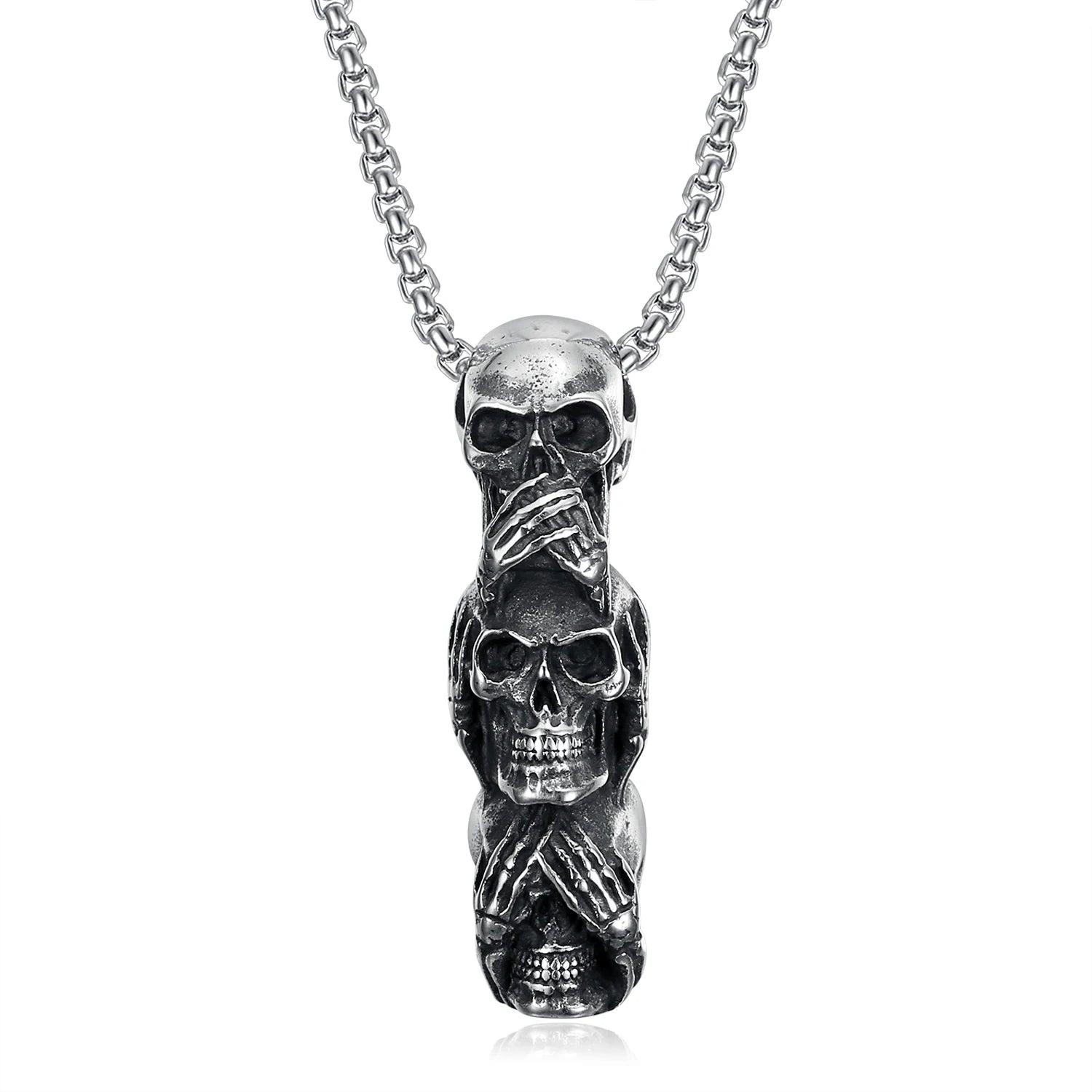 Vintage Punk Style Long Stainless Steel Jewelry Silver Multi Skull Cross Necklace for Mens