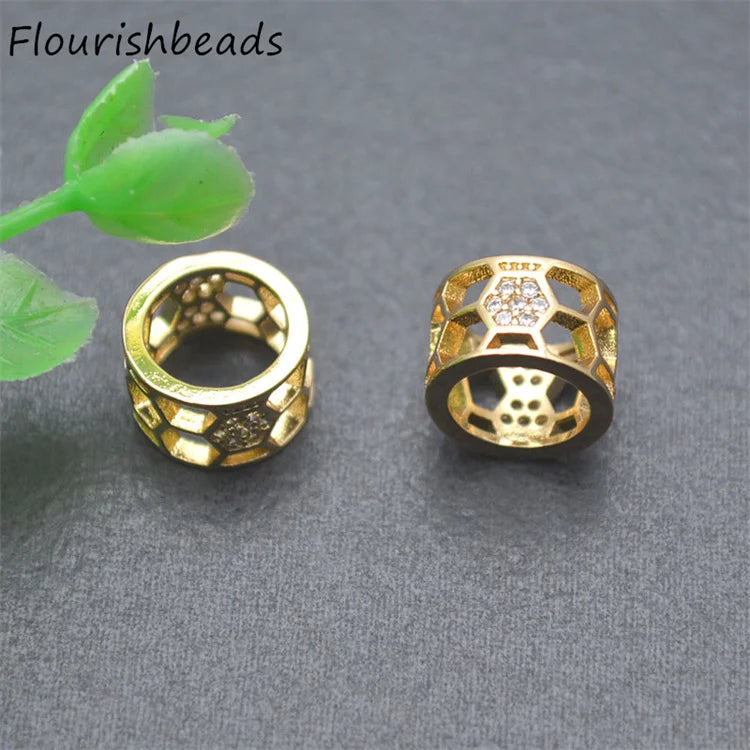 High Quality Anit Fading 18K Gold Plated CZ Paved Cylinder Hexagon Spacer Beads for Jewelry Bracelet Necklace Making