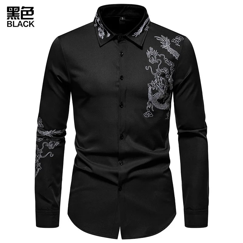2023 New Men's Casual Long-sleeved Shirt Men's Dragon Embroidery Shirt