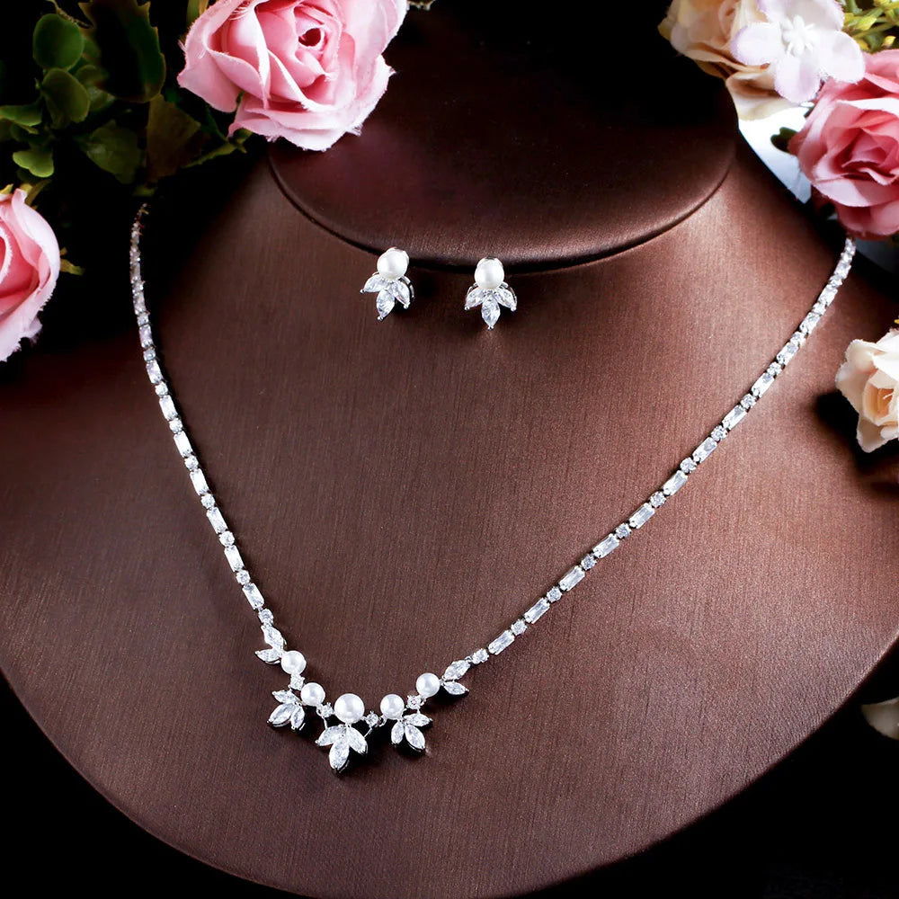 Gorgeous Cubic Zirconia Crystal Paved Fashion Pearl Leaf Party Wedding Necklace and Earrings Jewelry Sets for Women Accessory