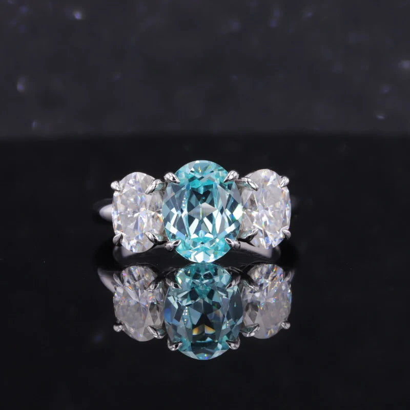 Starsgem 14K White Gold Ring Moissanite & Lab Paraiba Color Oval Cut Three Stone Engagement Ring