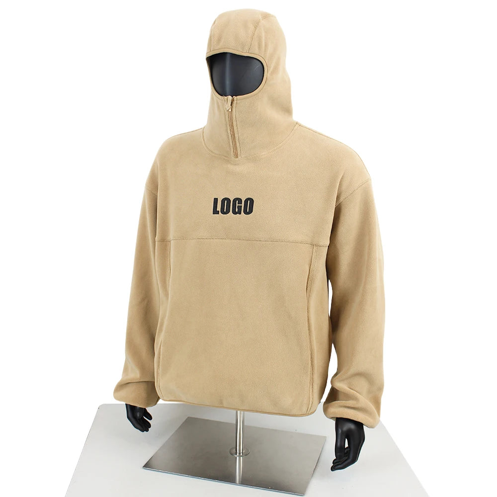 TOPSHOW Custom Logo Oversized 420gsm Heavyweight Zip up Hoodie Soft Warm Quarter Zip Cotton Men Sherpa Fleece Hoodie with Mask