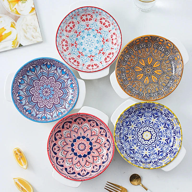 Wholesale Hand Painted Round Ceramic Bohemian Style Ovenware Bakeware with Handle for Microwave Safe