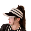 Cycling Ear Caps Striped Knitted Cap Ponytail Hat Lady Beanie Accessories Stretchy Plus Thick Winter Warm Backless Visor Hat