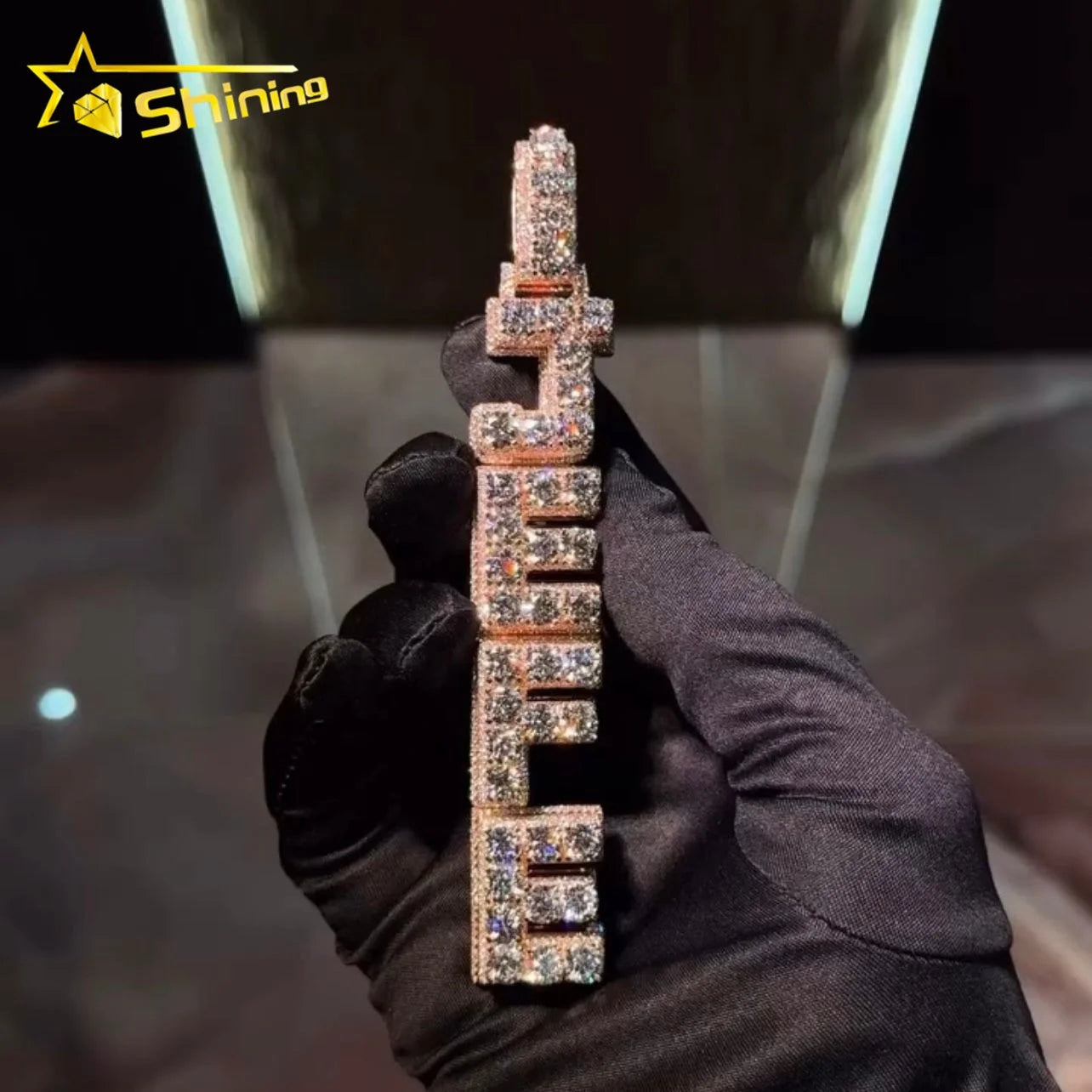 10k Solid Rose Gold VVS Lab Grown Diamond CVD Custom Made Iced Out Vertical Name Initial Letter Pendant