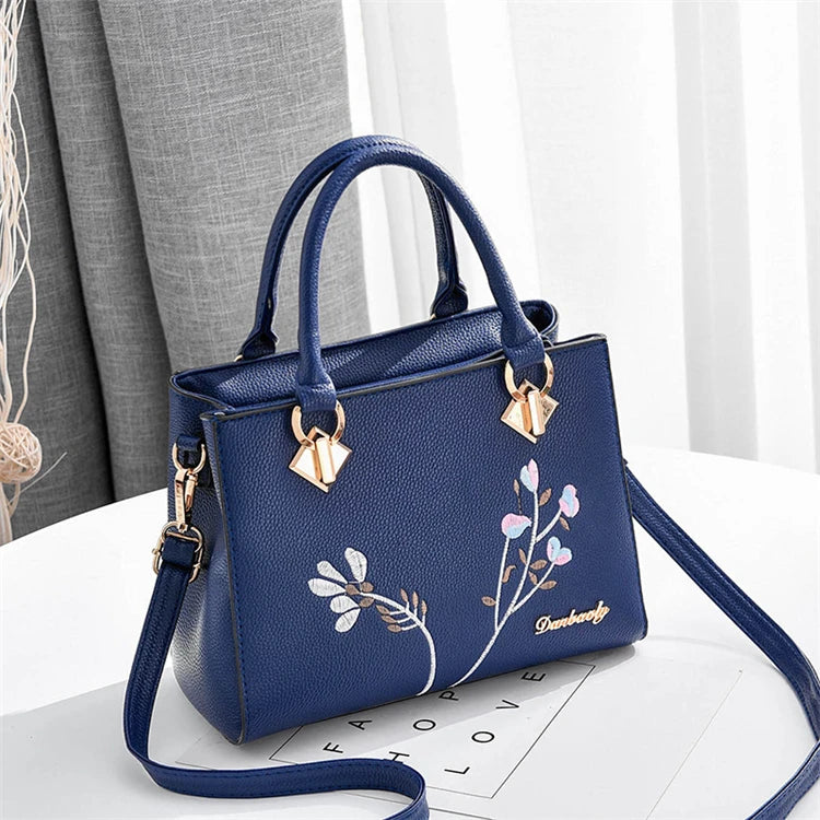 2026 Latest New Brand Designers Blue Color Pu Leather Flower Women Hand Bags with Embroidery