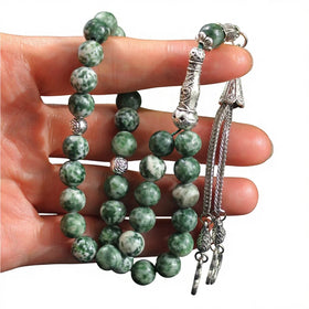 Natural Green Stone Muslim Prayer 33 Beads Tasbeeh Rosary Beaded Necklace Silver Plated Unisex Wholesale Tasbih Fashion Jewelry